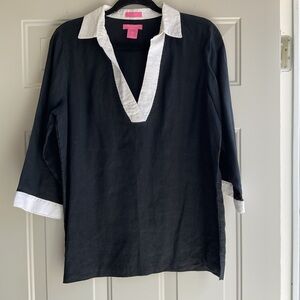 Isaac Mizrahi Black Tunic with White Contrast Collar & Cuffs 100% Linen